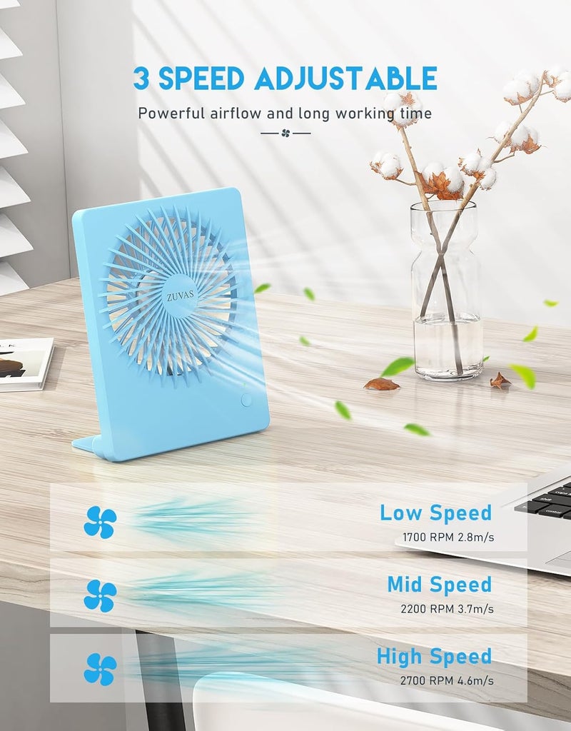 Zuvas Desk Fan Battery Operated Fan Rechargeable 180°Tilt Folding Personal Fan Ultra Quiet Small Portable 3 Speed Adjustable Strong Wind Fan For Office Bedroom Home Desktop Camping (Blue) - Image 3